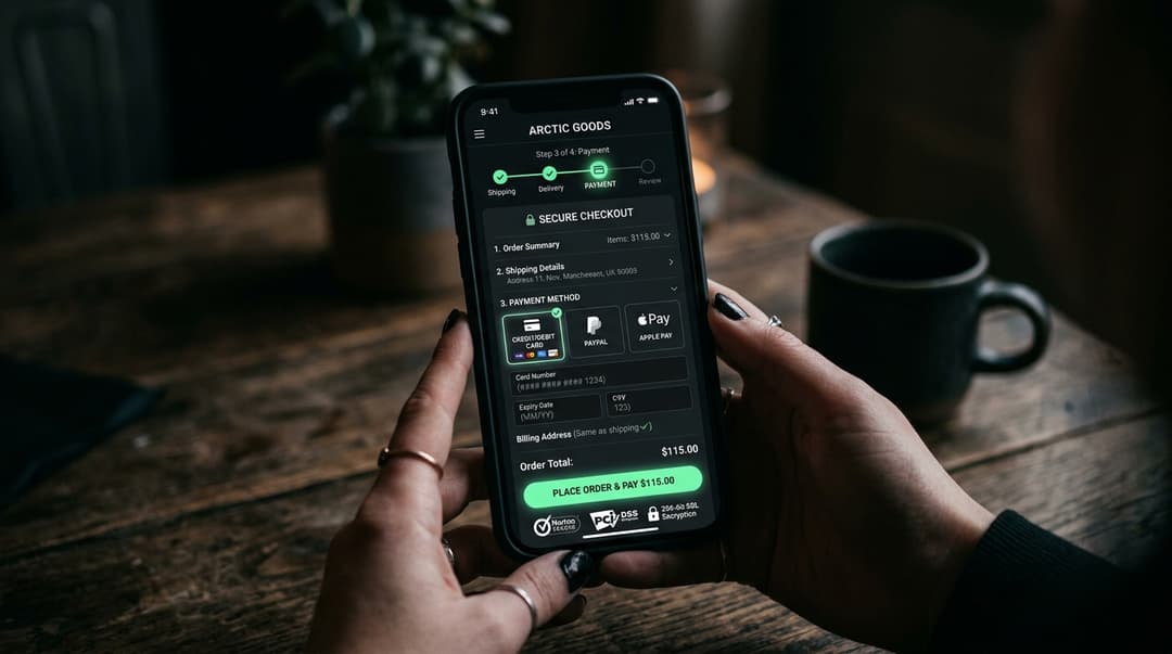Mobiele checkout met voortgangsbalk en betaalopties