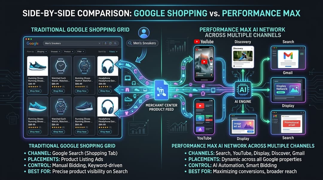 Google Shopping grid versus Performance Max AI network across multiple channels