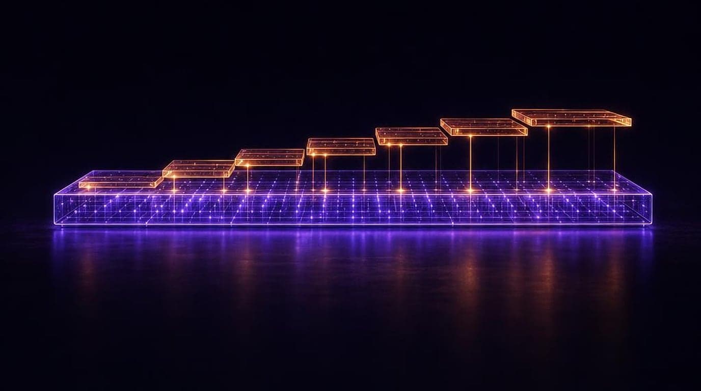 Glowing data foundation with amber steps rising on top