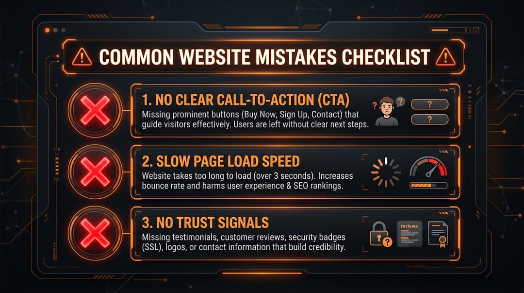 Checklist met veelgemaakte website fouten: geen CTA, trage laadtijd, geen trust signals