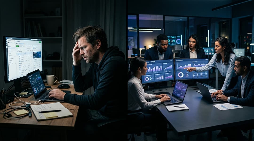 Entrepreneur alone at desk vs professional team with dashboards