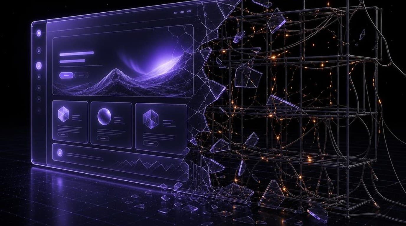 Een glanzende website-voorkant met daarachter een onafgewerkte, holle wireframe-structuur