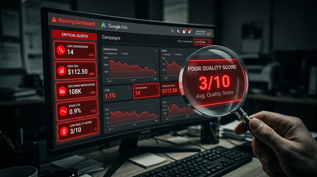 Google Ads warning dashboard with red alerts and low Quality Score