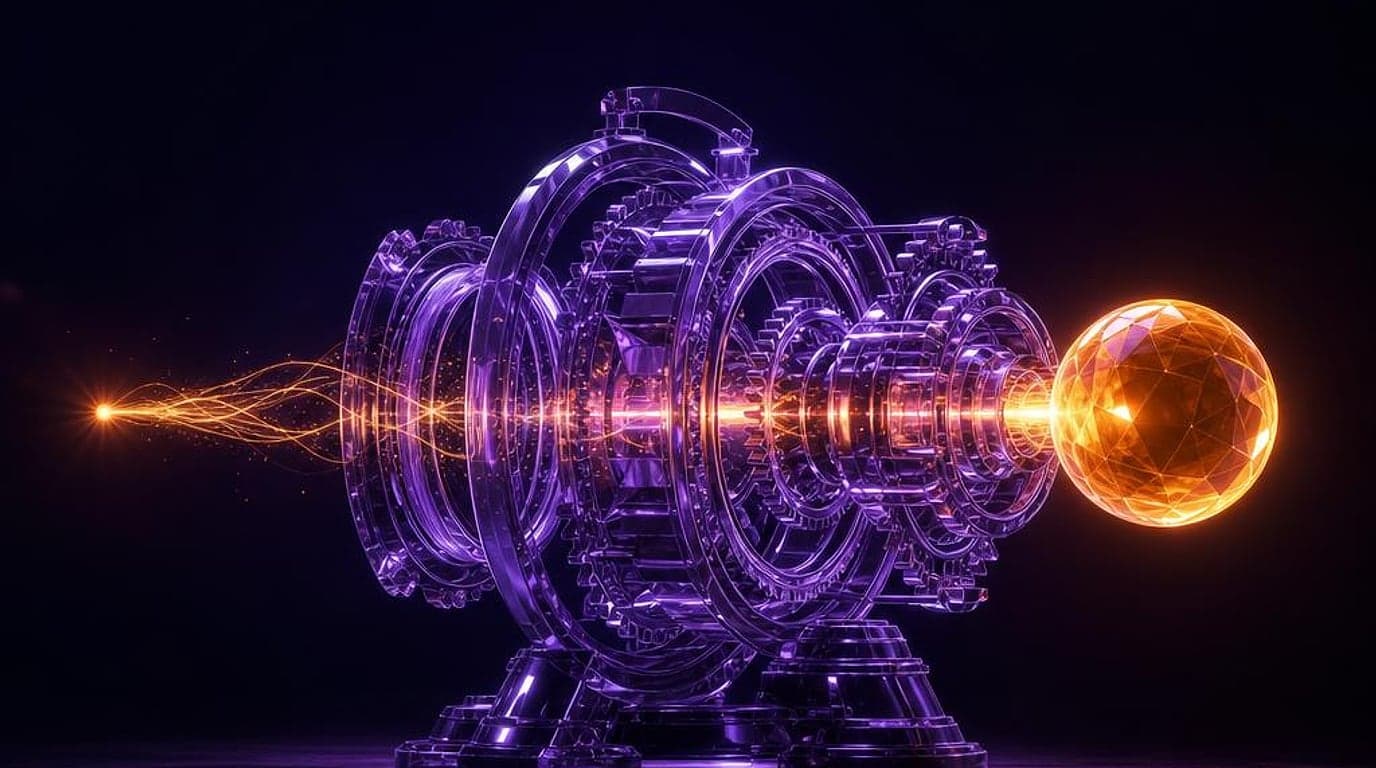 Een lichtpunt dat door een glazen motor gaat en eruit komt als een gloeiende bol