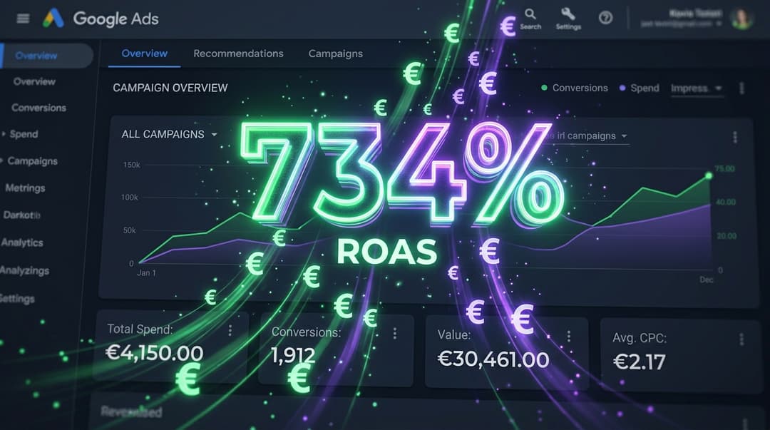 Google Ads dashboard with 734% ROAS and euro signs