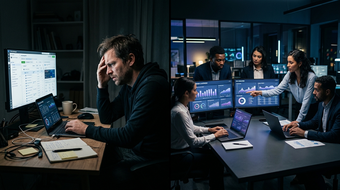 Entrepreneur alone at desk vs professional team with dashboards