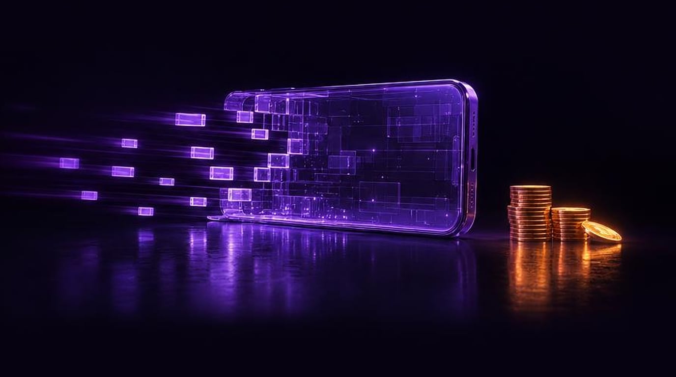 Glazen smartphone die uit codeblokken wordt opgebouwd, naast een stapel munten