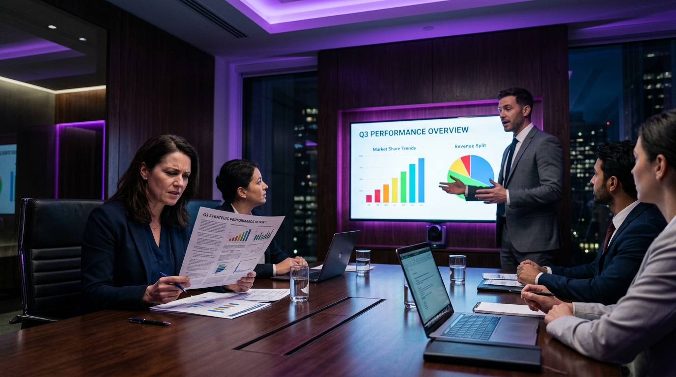 Klant bekijkt vaag rapport tijdens meeting met bureau