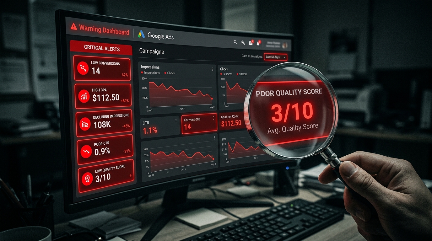 Google Ads warning dashboard met rode alerts en lage Quality Score