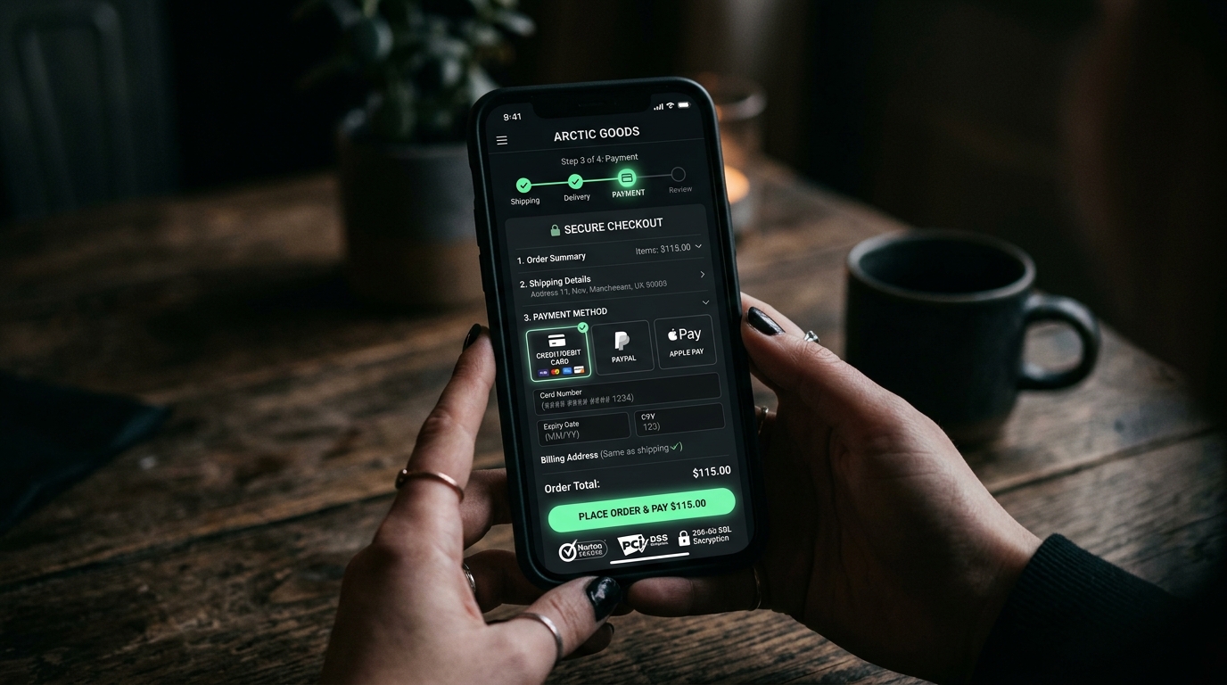 Mobile checkout with progress bar and payment options
