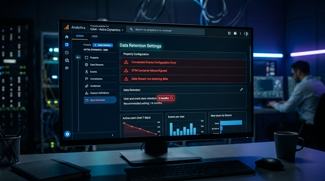 GA4 dashboard showing configuration errors and data retention settings