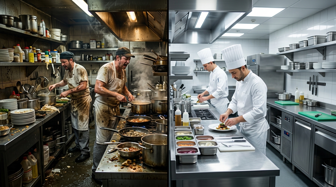Chaotic kitchen versus organized professional kitchen