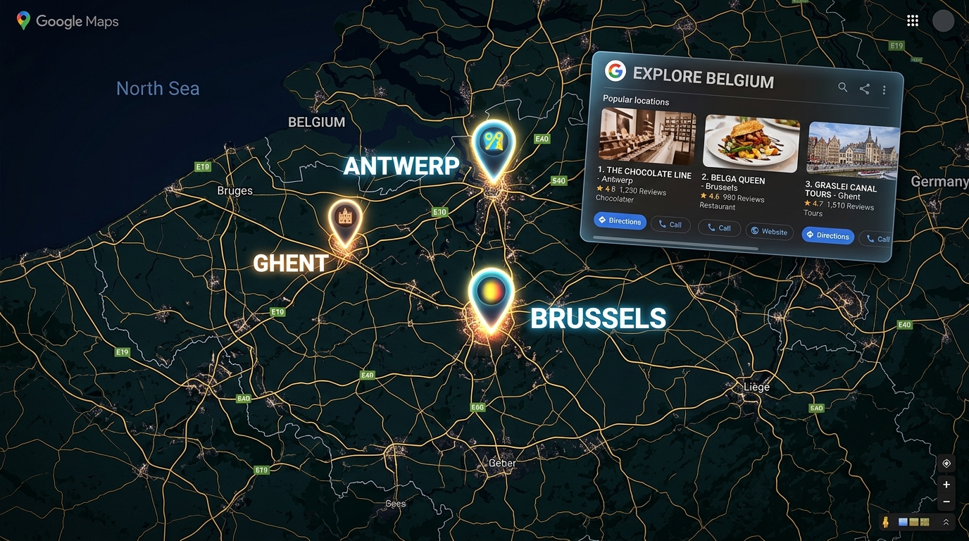 Google Maps België met locatiepinnen op Antwerpen, Brussel en Gent