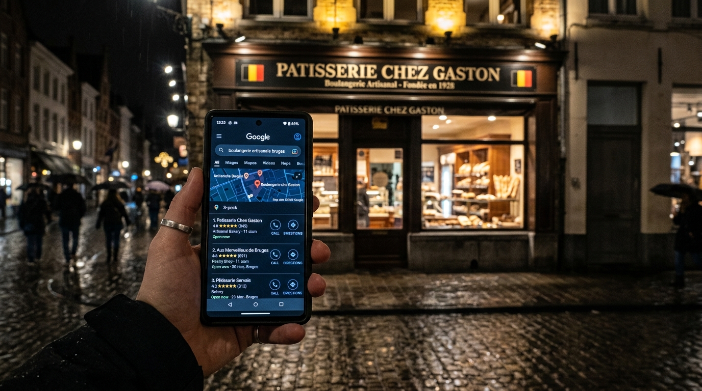 Smartphone met lokale zoekresultaten en Google Maps 3-pack