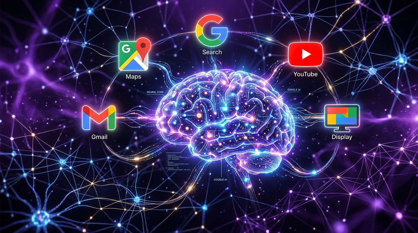 AI brain connected to Google channels: Search, YouTube, Maps, Gmail, Display