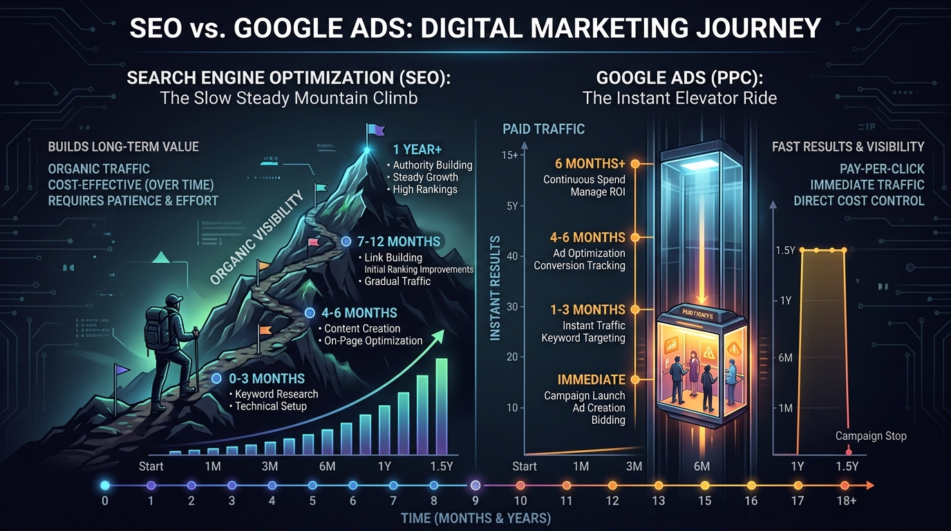 Timeline of SEO as mountain climb vs Google Ads as elevator