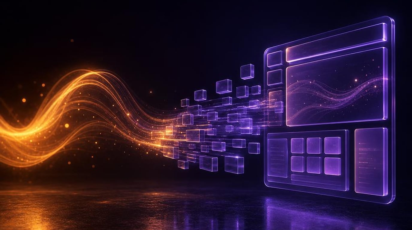Een lint van licht dat verandert in codeblokken en een app-interface