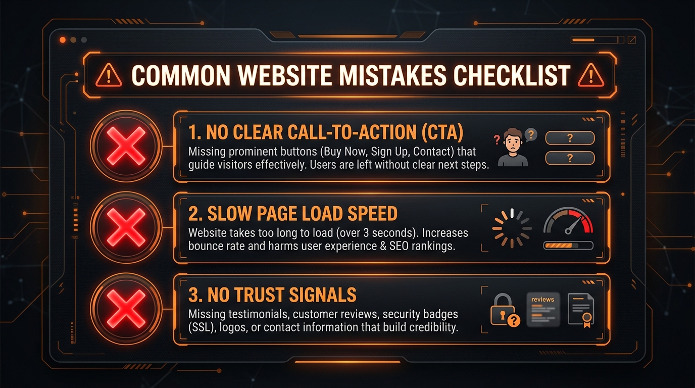 Checklist of common website mistakes: no CTA, slow loading, no trust signals