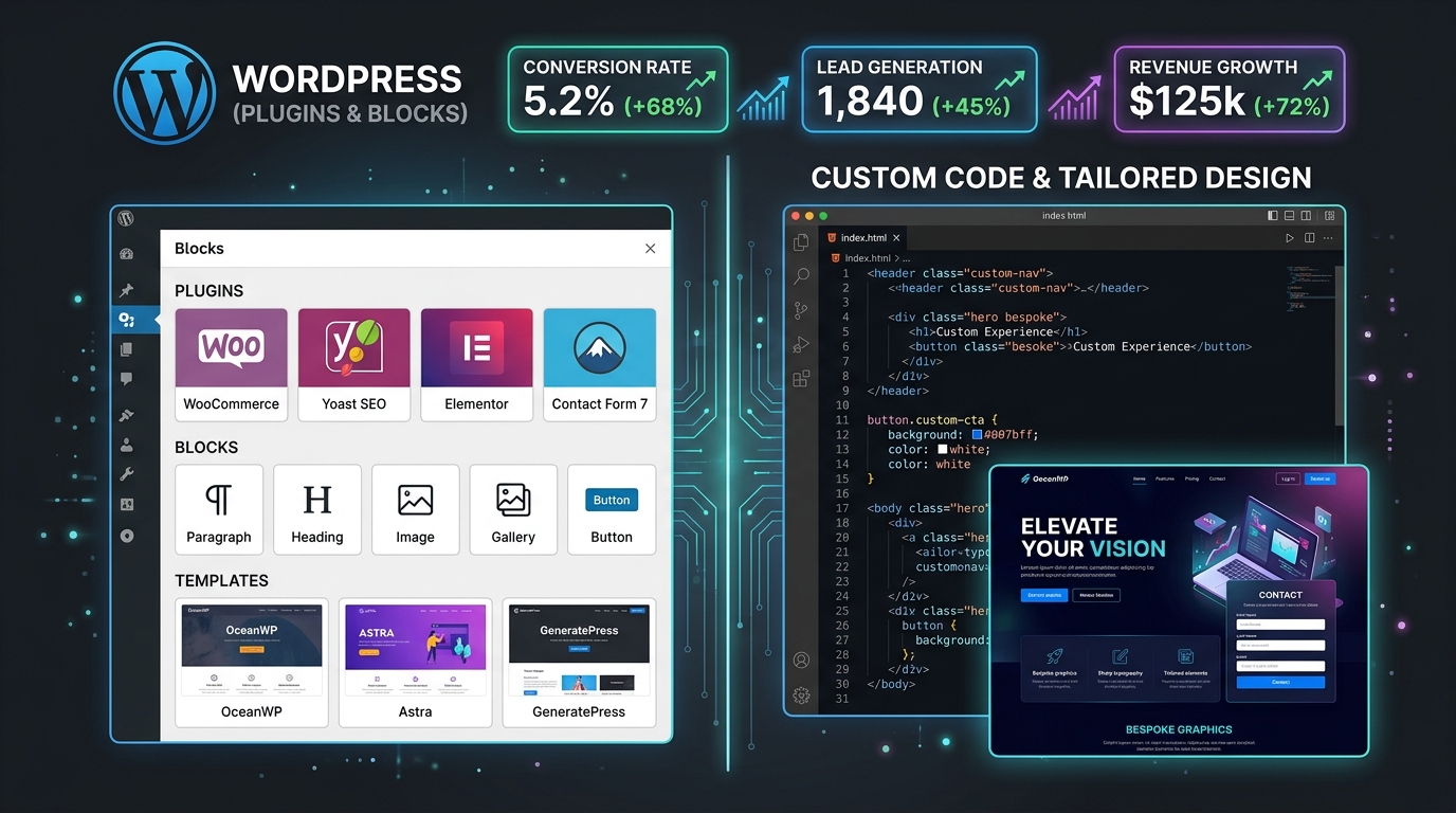 WordPress plugins and blocks versus custom code and tailored design